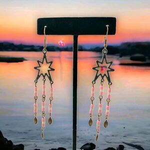 Star Brass Beaded Dangle Earrings Bohemian Distressed Clay Beads Delicate Dainty